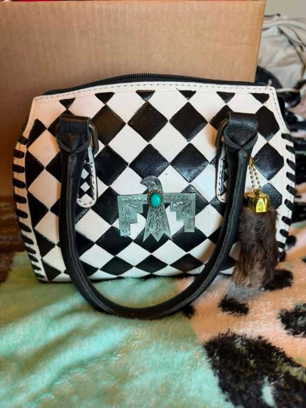 Black and White Checkered Women’s Speedy Handbag with Turquoise Accent